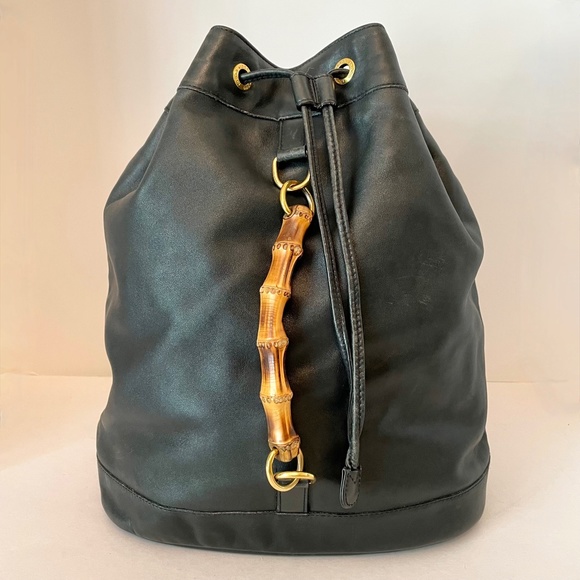 Gucci Black Leather Backpack Vintage Side Bamboo Handle Drawstring - Picture 1 of 16